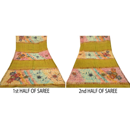 Sanskriti Vintage Blend Georgette Green Printed Sarees 5 YD Floral Craft Fabric upholstery fabric