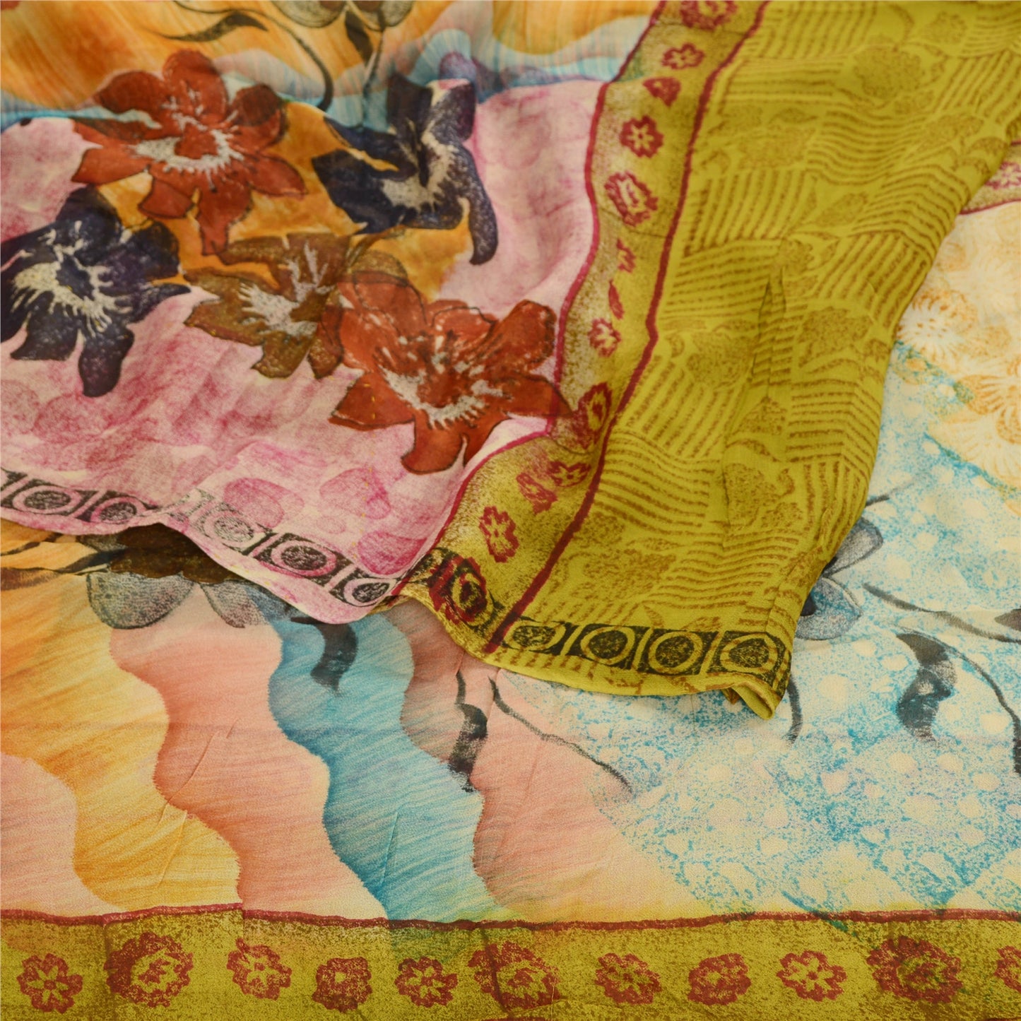 Sanskriti Vintage Blend Georgette Green Printed Sarees 5 YD Floral Craft Fabric upholstery fabric