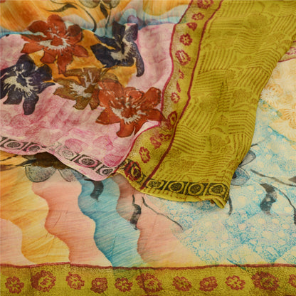 Sanskriti Vintage Blend Georgette Green Printed Sarees 5 YD Floral Craft Fabric upholstery fabric
