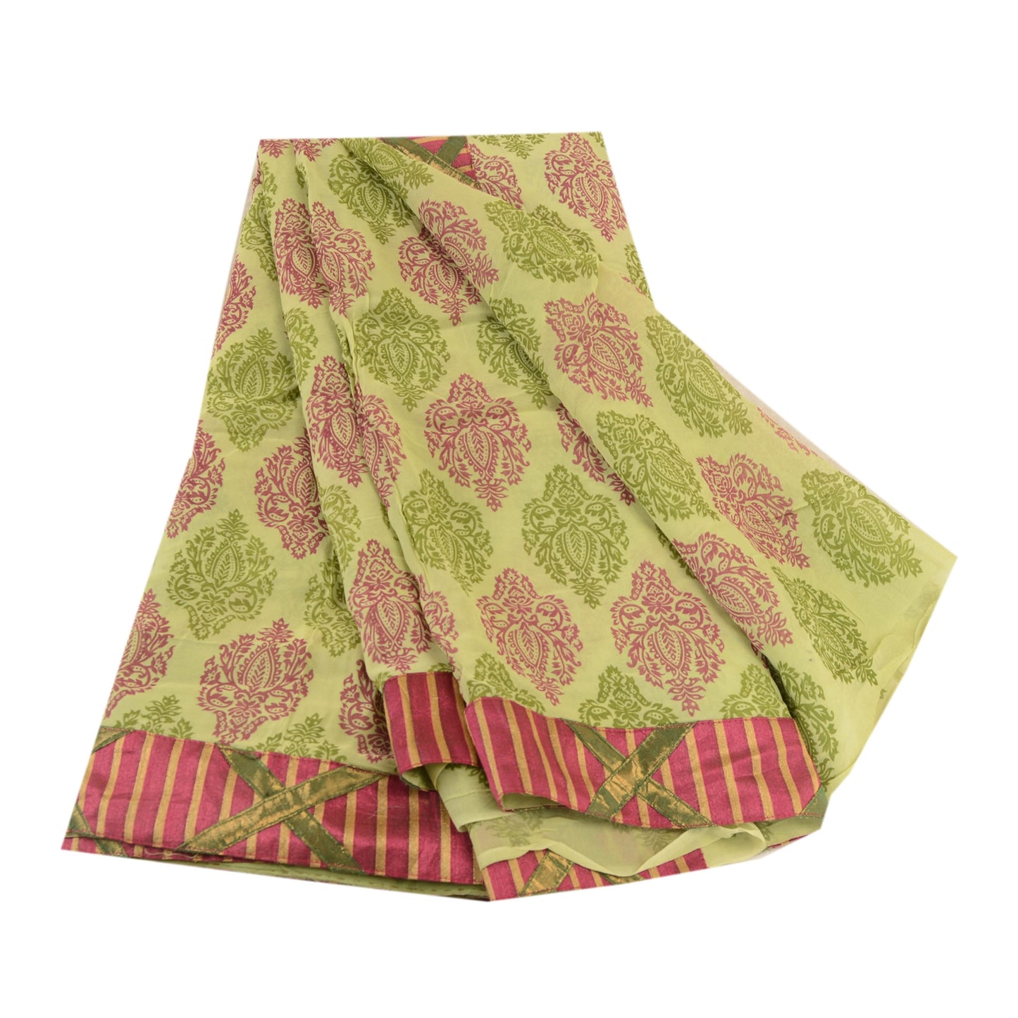 Sanskriti Vintage Blend Georgette Silk From India Green Printed Sarees 5 Yd Fabric Home Decor, Women Floral Outfit, Silk Scrap