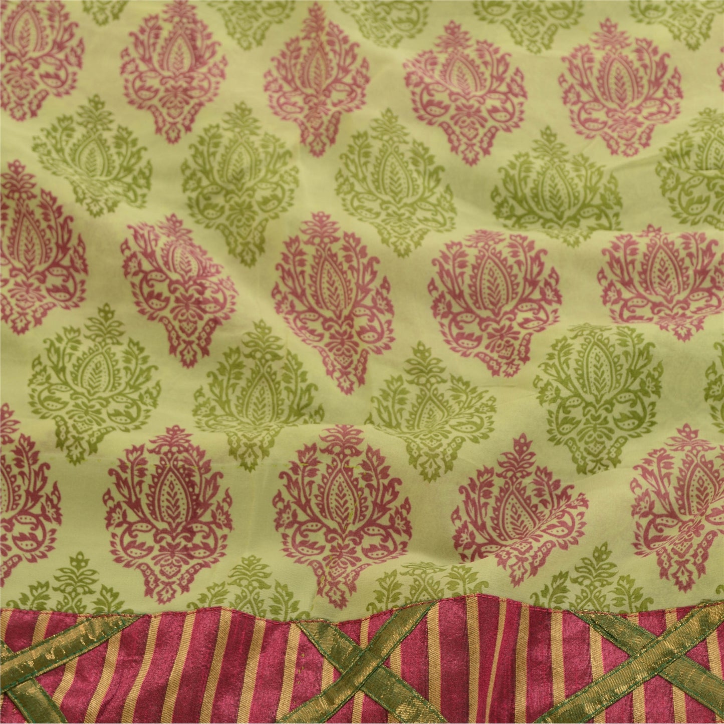 Sanskriti Vintage Blend Georgette Silk From India Green Printed Sarees 5 Yd Fabric Home Decor, Women Floral Outfit, Silk Scrap