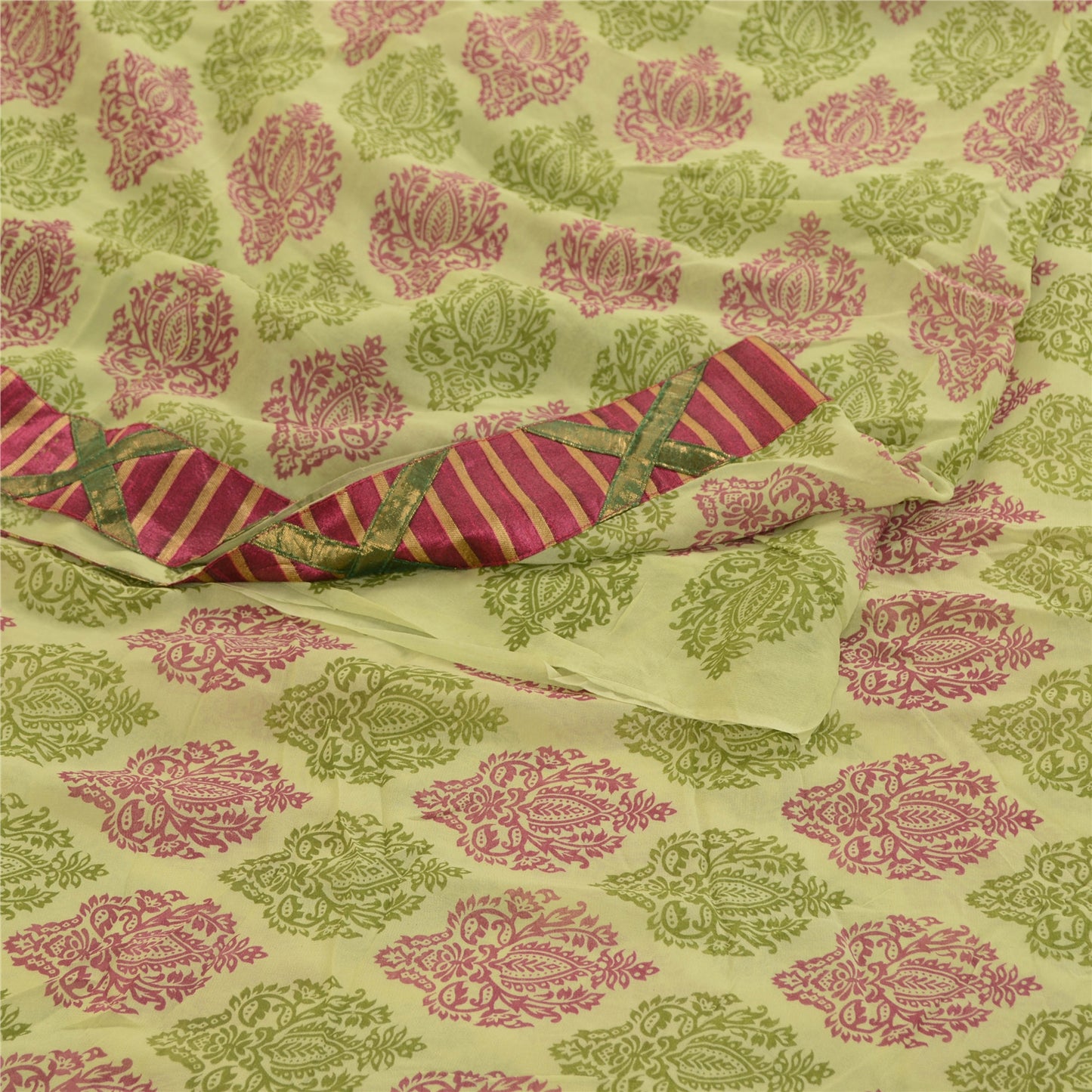 Sanskriti Vintage Blend Georgette Silk From India Green Printed Sarees 5 Yd Fabric Home Decor, Women Floral Outfit, Silk Scrap