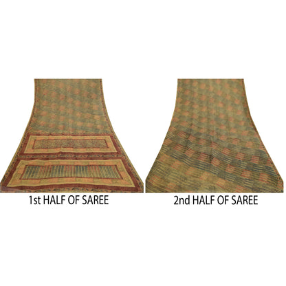 Sanskriti Vintage Sarees Green Pure Georgette Silk Printed Sari 5yd Craft Sustainable Fabric