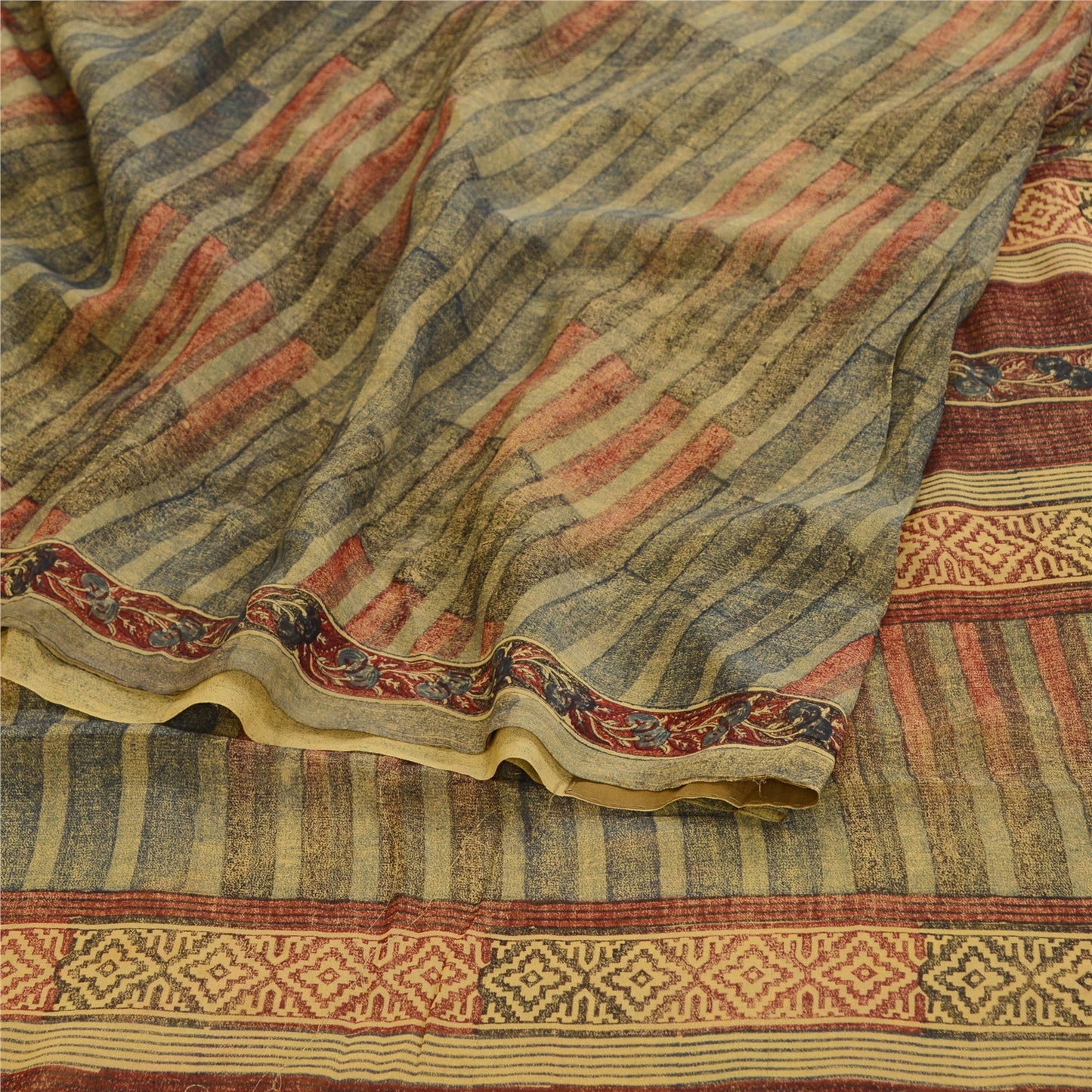 Sanskriti Vintage Sarees Green Pure Georgette Silk Printed Sari 5yd Craft Sustainable Fabric