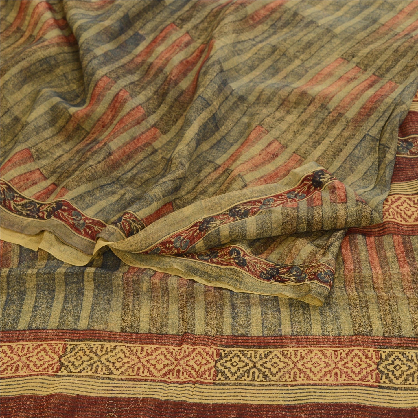 Sanskriti Vintage Sarees Green Pure Georgette Silk Printed Sari 5yd Craft Sustainable Fabric