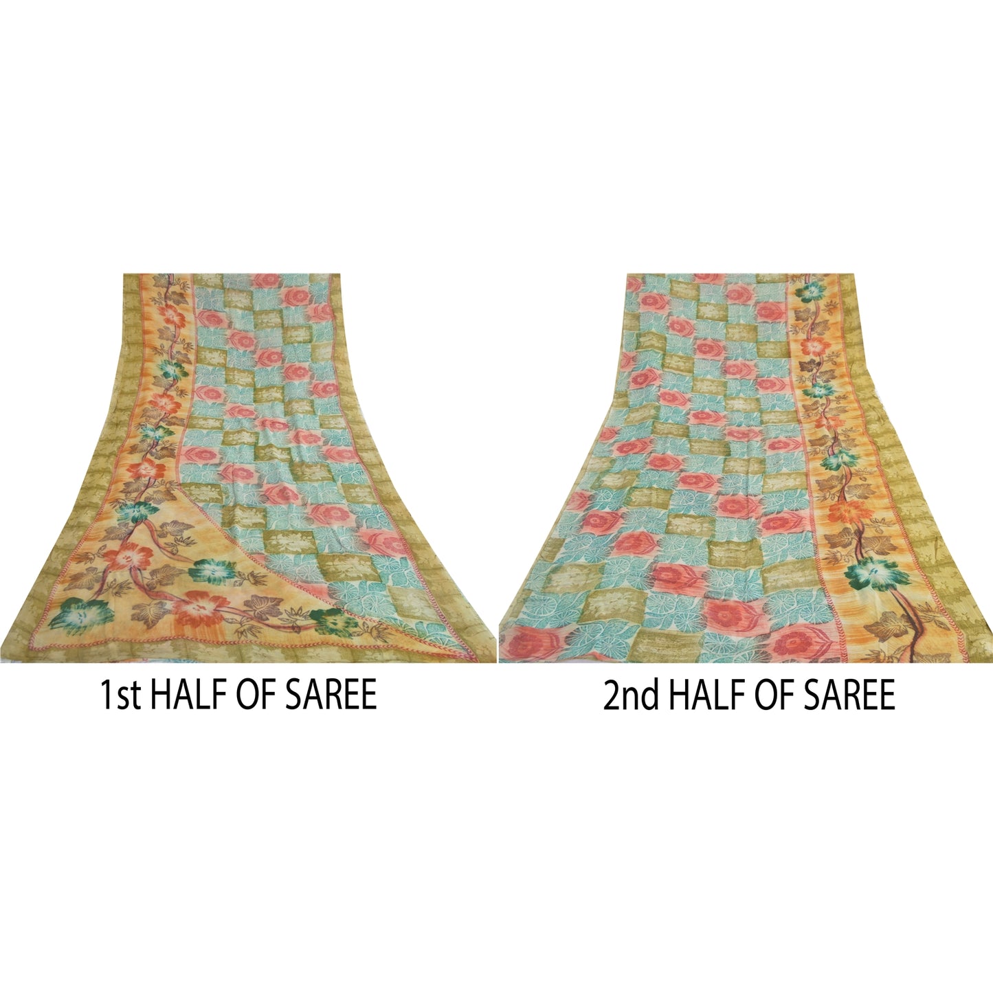 Sanskriti Vintage 100% Pure Georgette Silk Multicolor Printed Saree 5Yd Craft Fabric Ideal for Bag Making, or Quilts Upcycled Remnant
