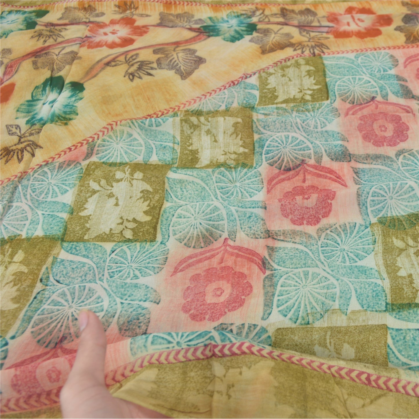 Sanskriti Vintage 100% Pure Georgette Silk Multicolor Printed Saree 5Yd Craft Fabric Ideal for Bag Making, or Quilts Upcycled Remnant