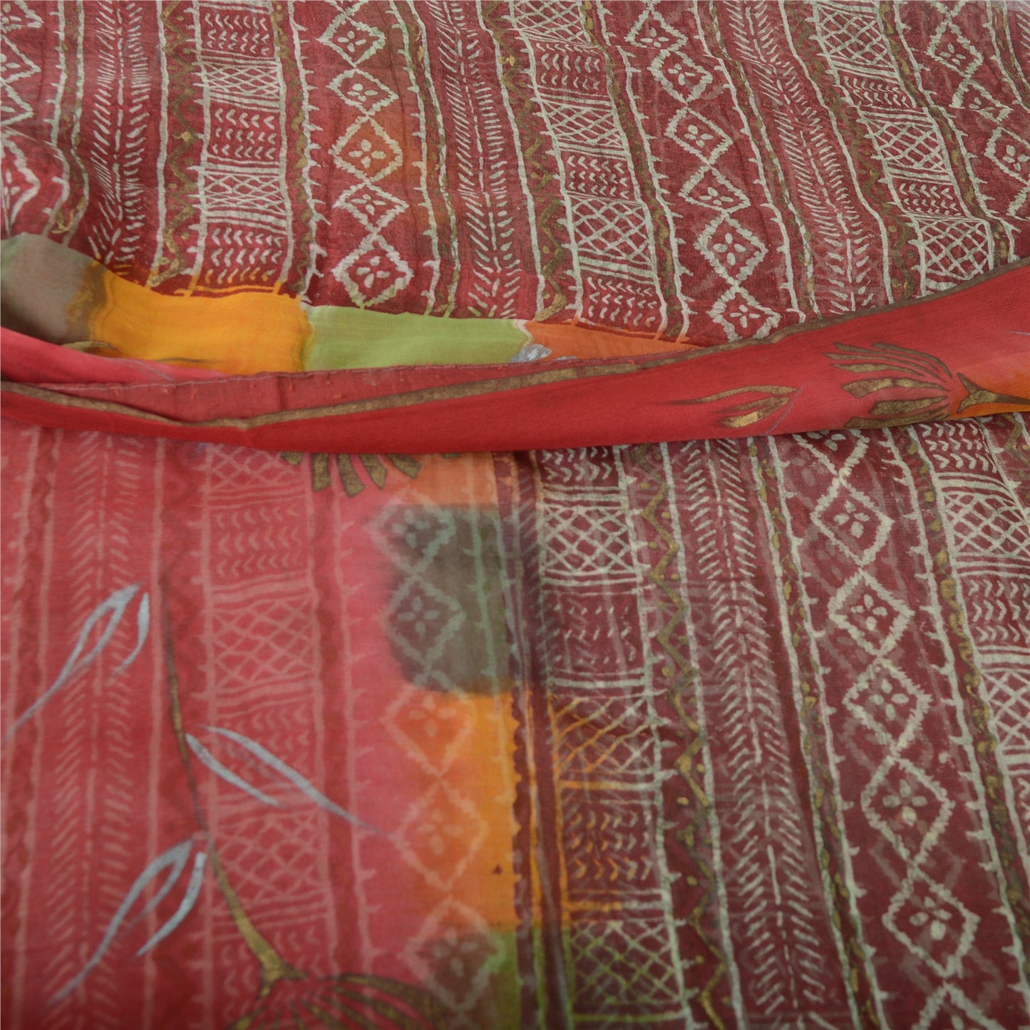 Sanskriti Vintage Sari Dark Red Pure Georgette Silk Saree: Floral Printed Craft Supplies Fabric Boho Quilting Material For DIY Projects