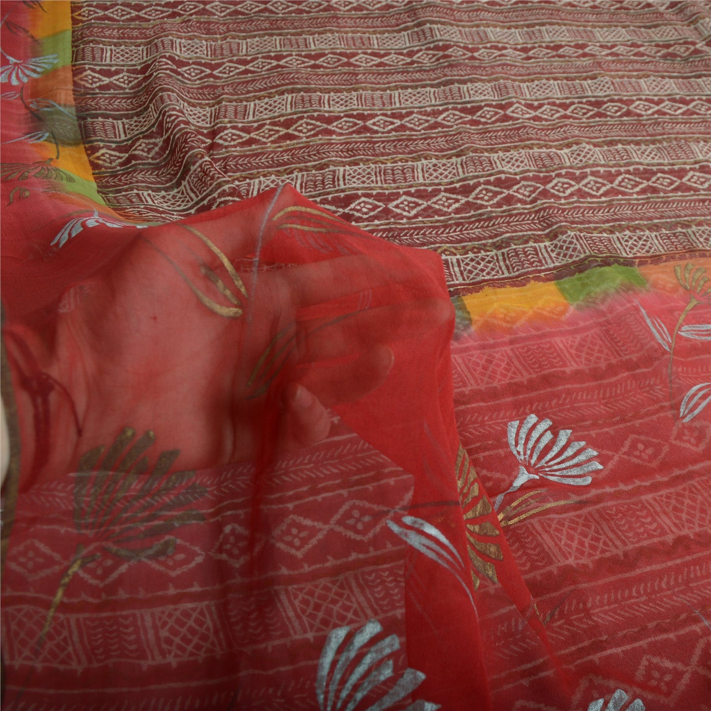 Sanskriti Vintage Sari Dark Red Pure Georgette Silk Saree: Floral Printed Craft Supplies Fabric Boho Quilting Material For DIY Projects