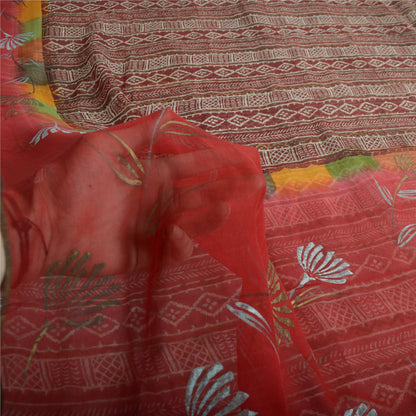Sanskriti Vintage Sari Dark Red Pure Georgette Silk Saree: Floral Printed Craft Supplies Fabric Boho Quilting Material For DIY Projects