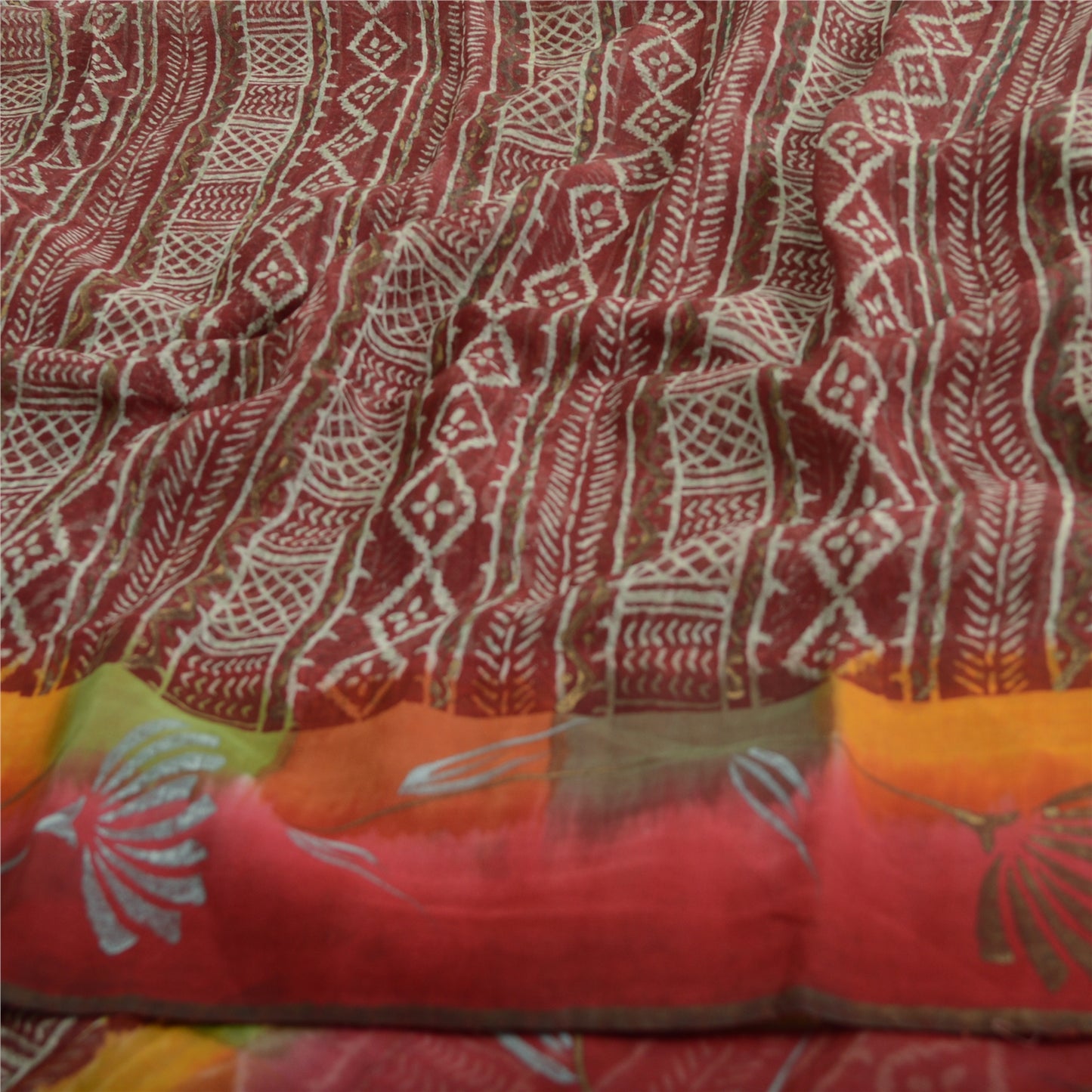 Sanskriti Vintage Sari Dark Red Pure Georgette Silk Saree: Floral Printed Craft Supplies Fabric Boho Quilting Material For DIY Projects
