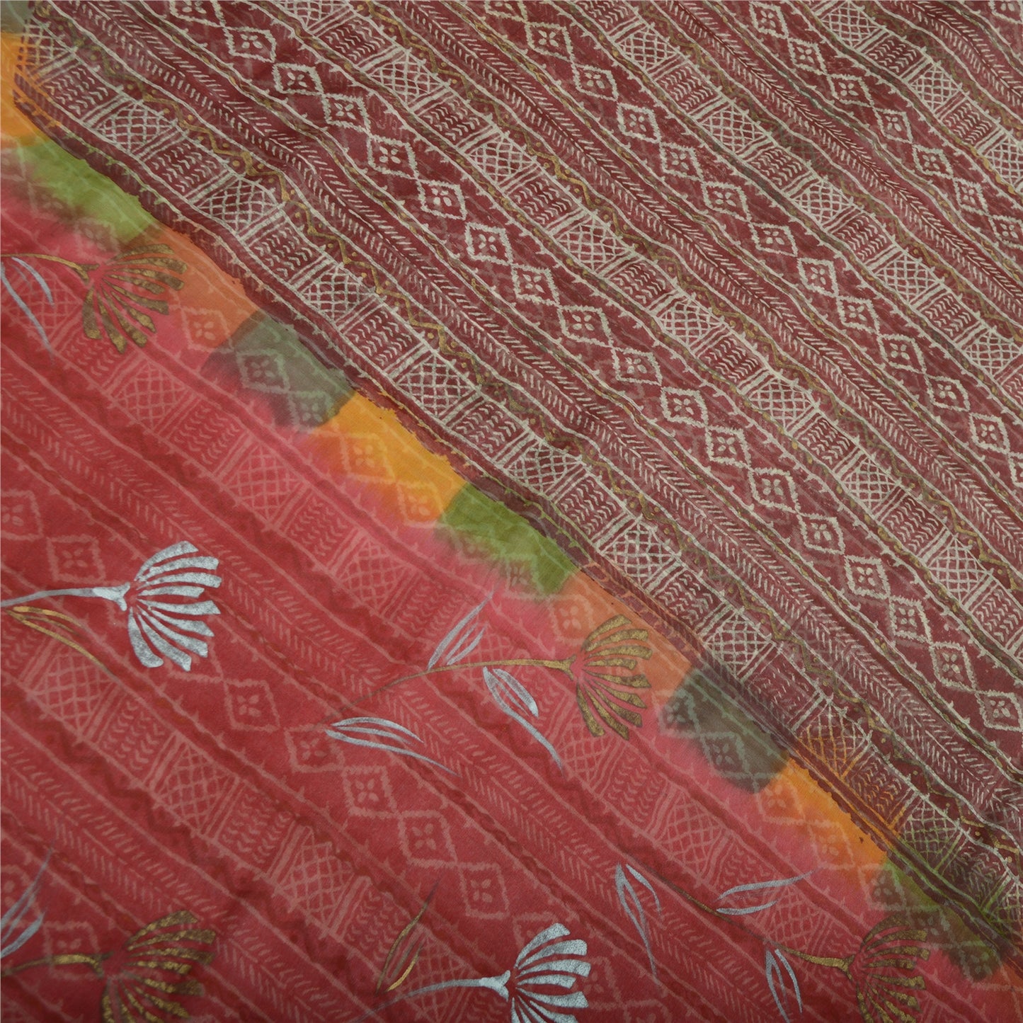 Sanskriti Vintage Sari Dark Red Pure Georgette Silk Saree: Floral Printed Craft Supplies Fabric Boho Quilting Material For DIY Projects