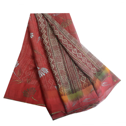 Sanskriti Vintage Sari Dark Red Pure Georgette Silk Saree: Floral Printed Craft Supplies Fabric Boho Quilting Material For DIY Projects