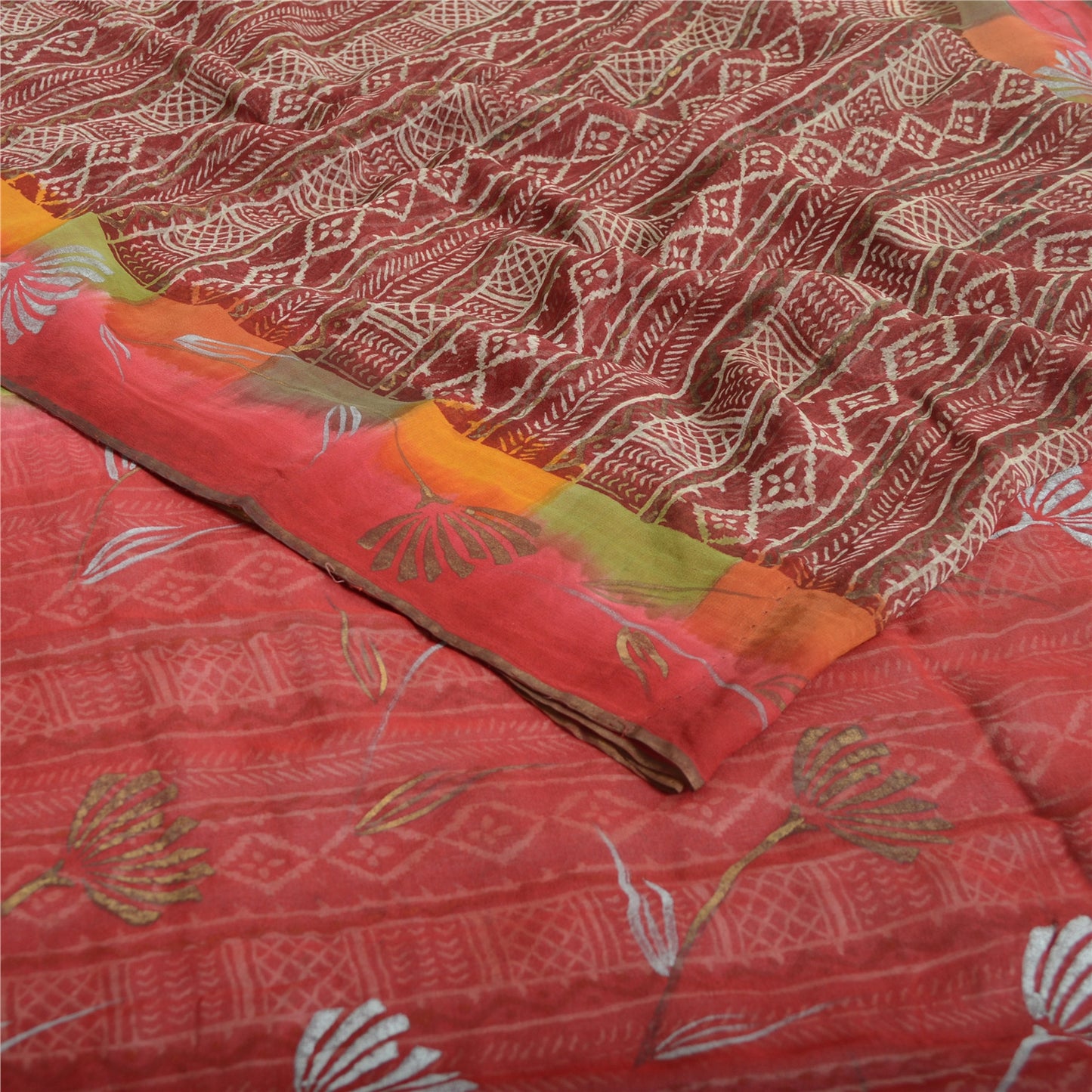Sanskriti Vintage Sari Dark Red Pure Georgette Silk Saree: Floral Printed Craft Supplies Fabric Boho Quilting Material For DIY Projects