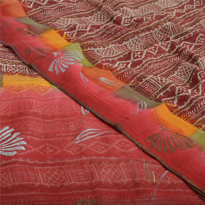 Sanskriti Vintage Sari Dark Red Pure Georgette Silk Saree: Floral Printed Craft Supplies Fabric Boho Quilting Material For DIY Projects