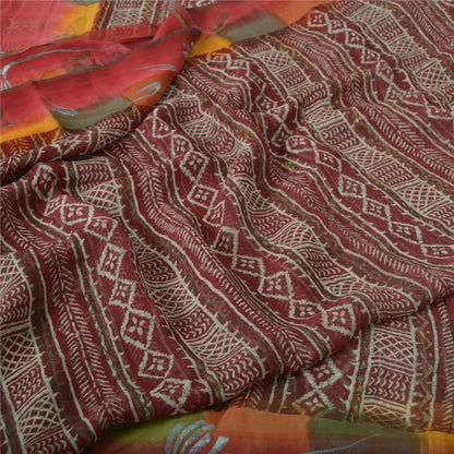 Sanskriti Vintage Sari Dark Red Pure Georgette Silk Saree: Floral Printed Craft Supplies Fabric Boho Quilting Material For DIY Projects