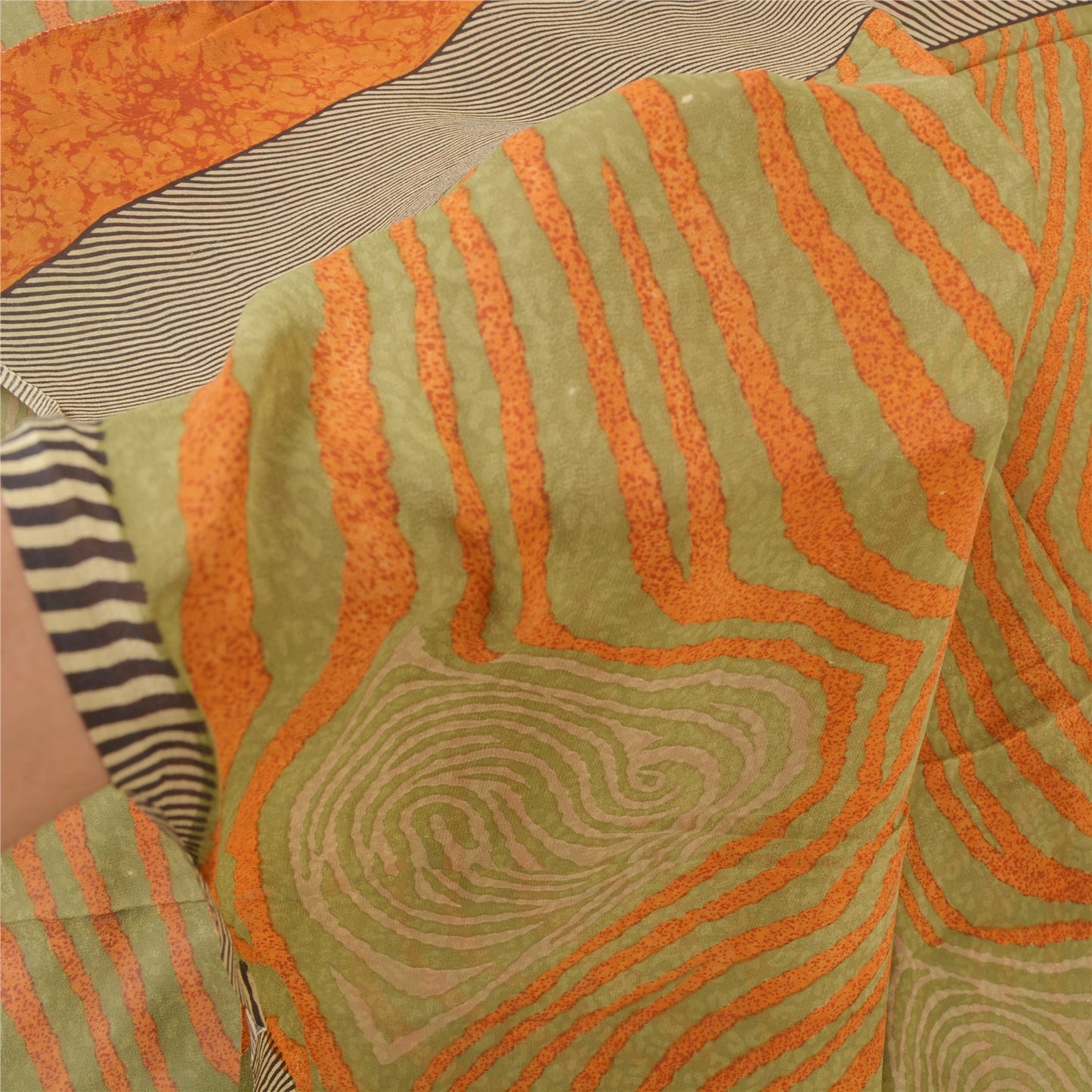 Sanskriti Vintage Sarees Orange Pure Georgette Silk Printed Sari Craft Sustainable Fabric