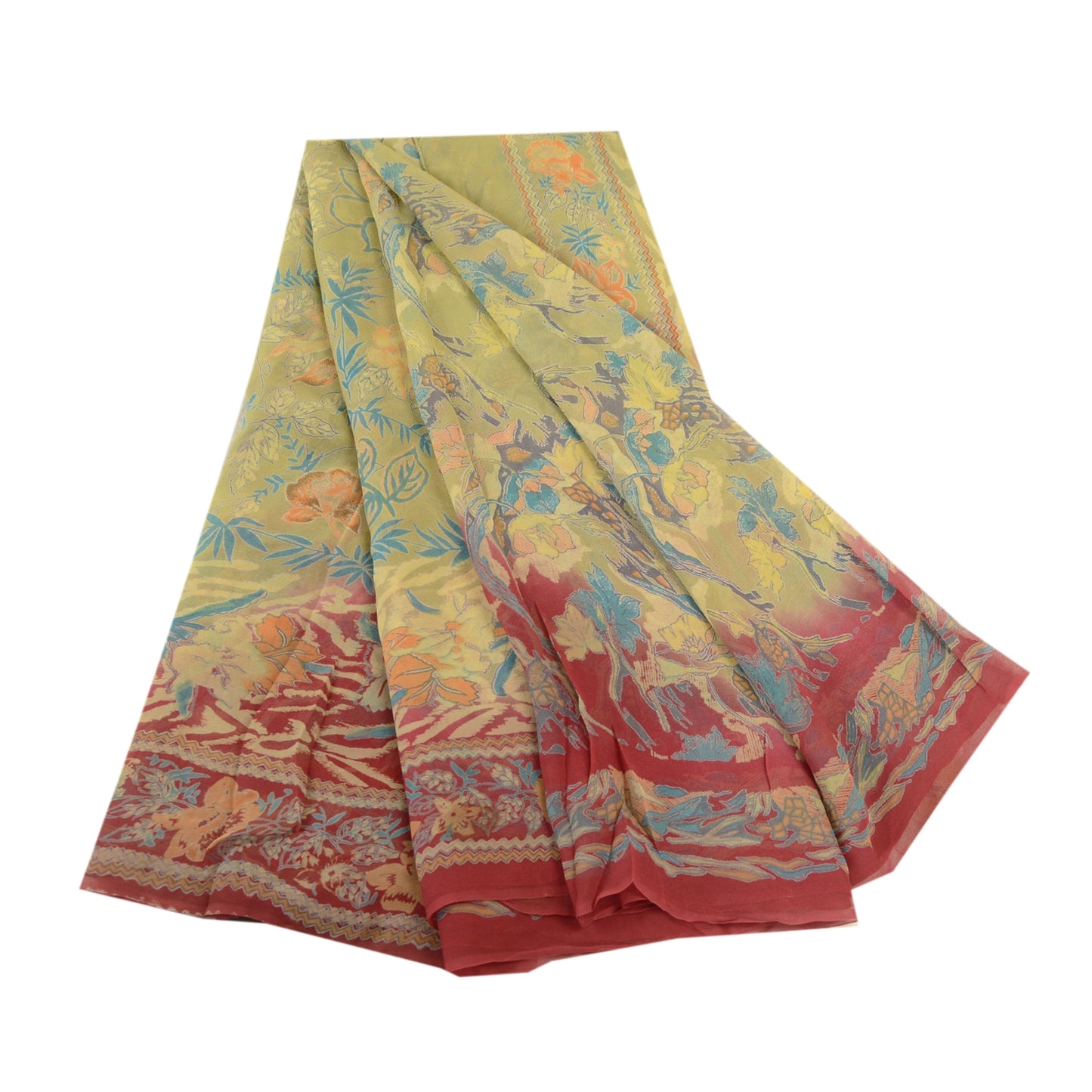 Сари Sanskriti Vintage, зеленое сари из чистого шелка-жоржета с принтом, 5 ярдов, ткань для рукоделия из экологически чистой ткани