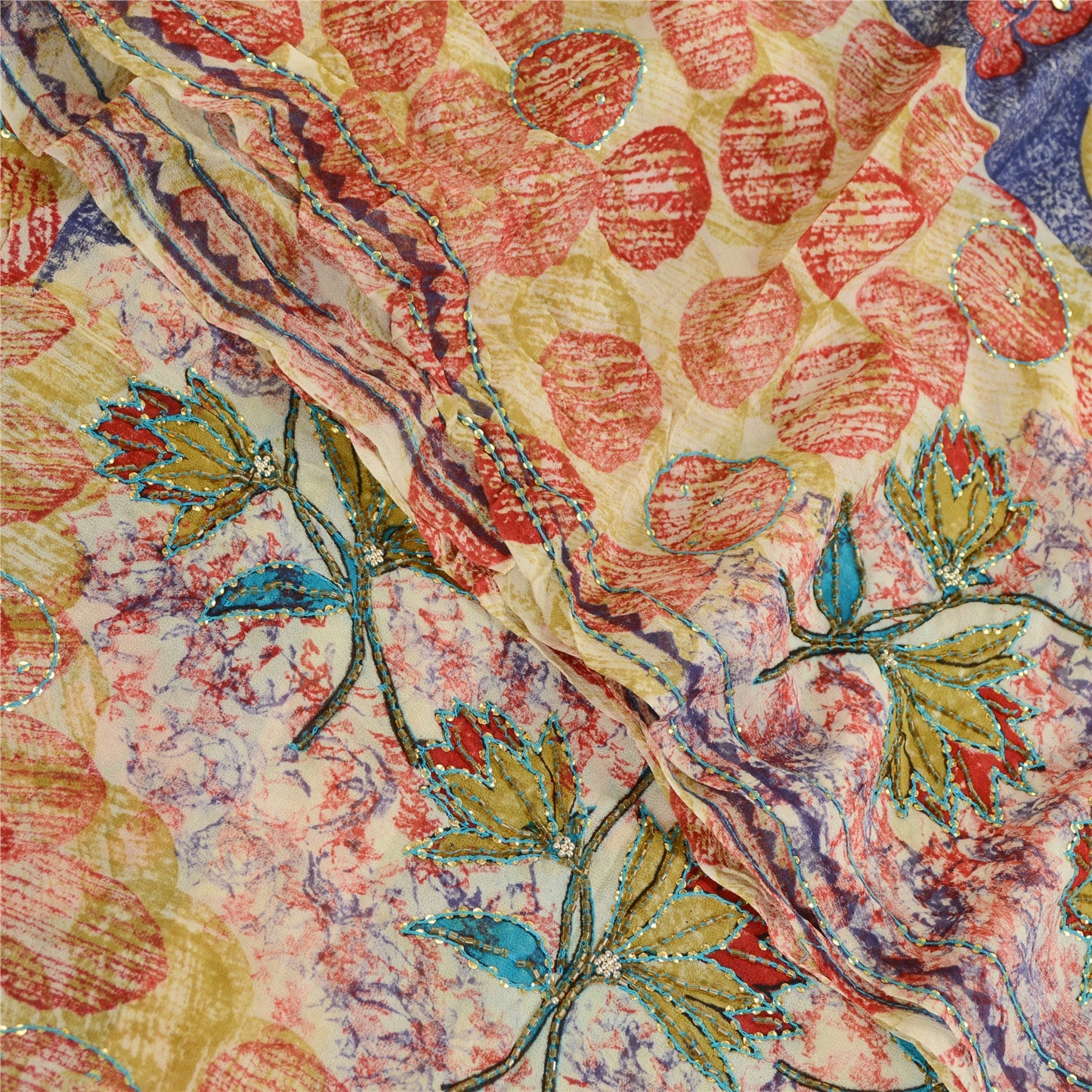 Sanskriti Vintage Sarees Hand Beaded Multi Blend Georgette Printed Sari Sustainable Fabric