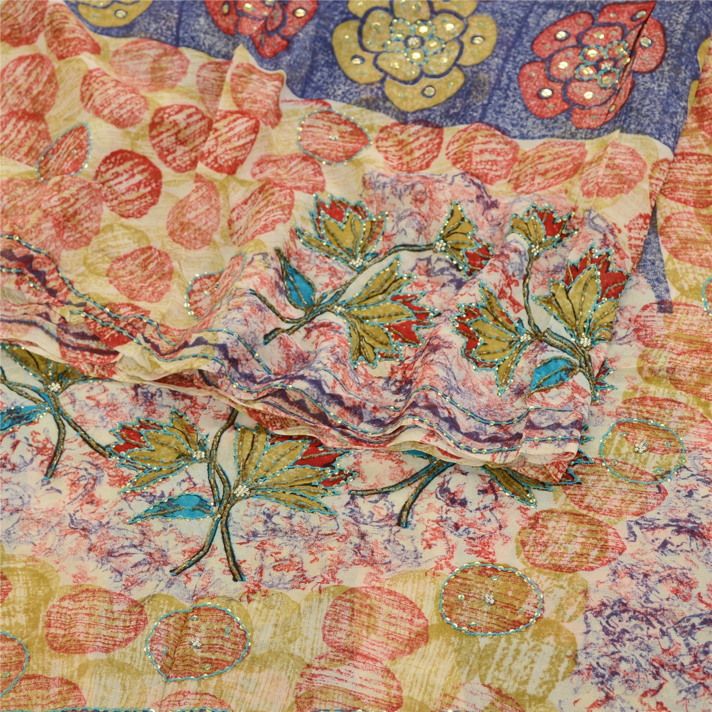 Sanskriti Vintage Sarees Hand Beaded Multi Blend Georgette Printed Sari Sustainable Fabric