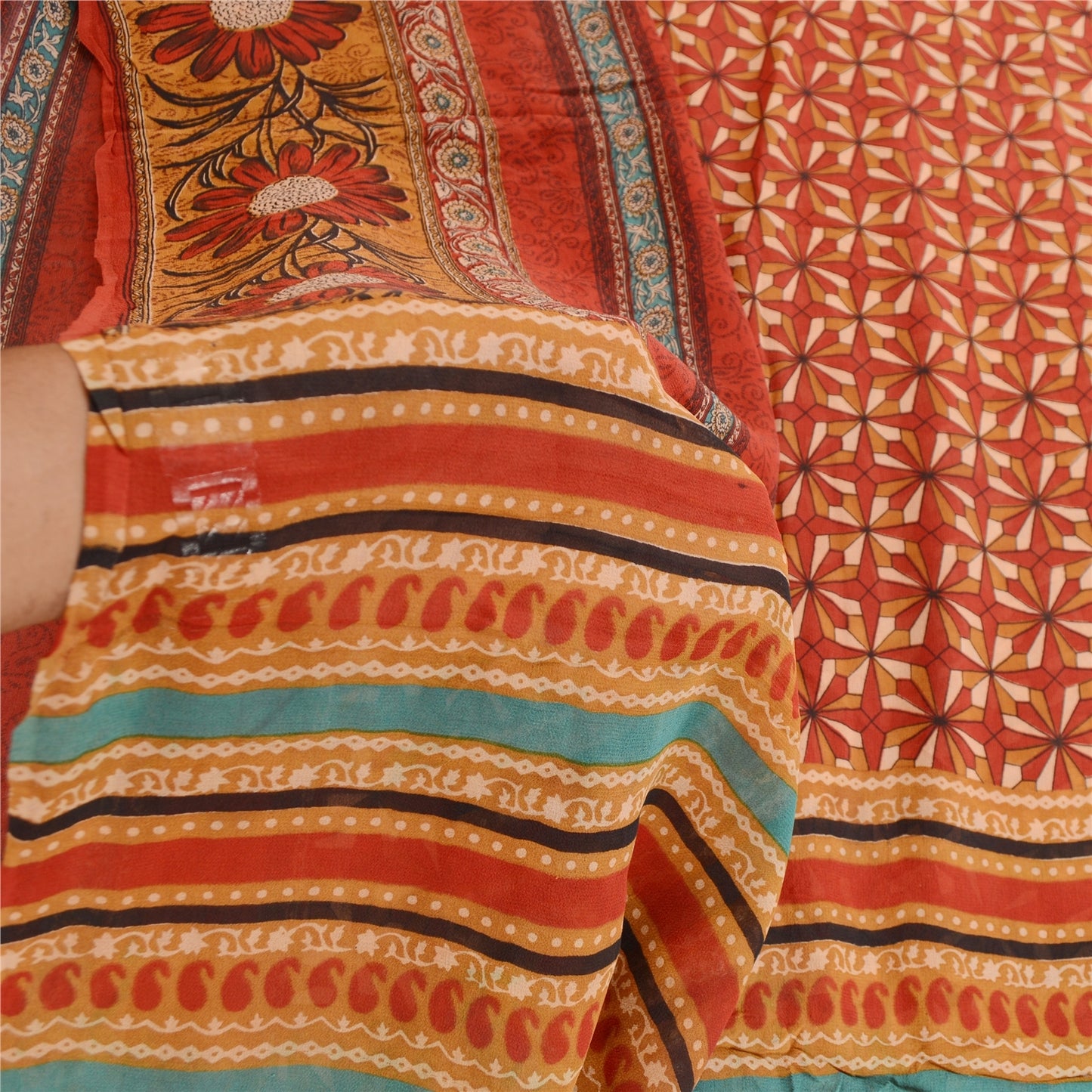 Sanskriti Vintage Sarees Dark Red Pure Georgette Silk Printed Sari Craft Sustainable Fabric
