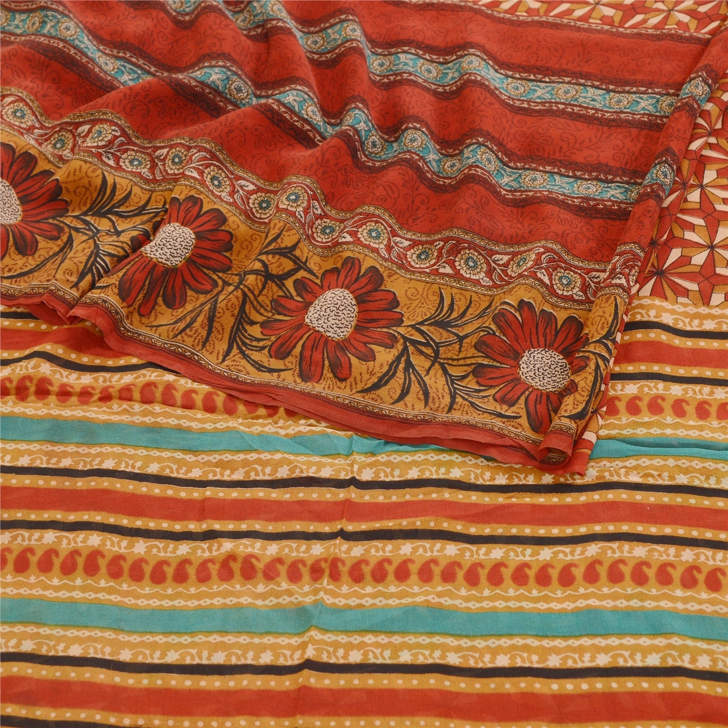 Sanskriti Vintage Sarees Dark Red Pure Georgette Silk Printed Sari Craft Sustainable Fabric