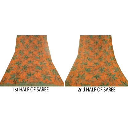 Sanskriti Vintage Sarees Orange Pure Georgette Silk Printed Sari Craft Sustainable Fabric