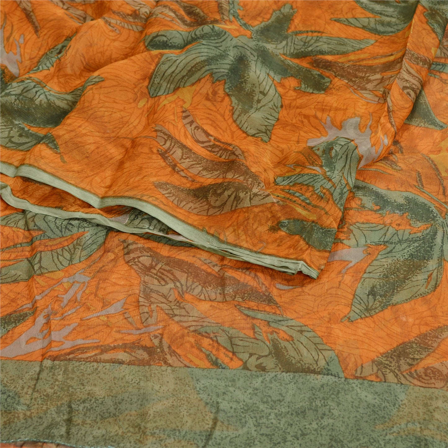 Sanskriti Vintage Sarees Orange Pure Georgette Silk Printed Sari Craft Sustainable Fabric