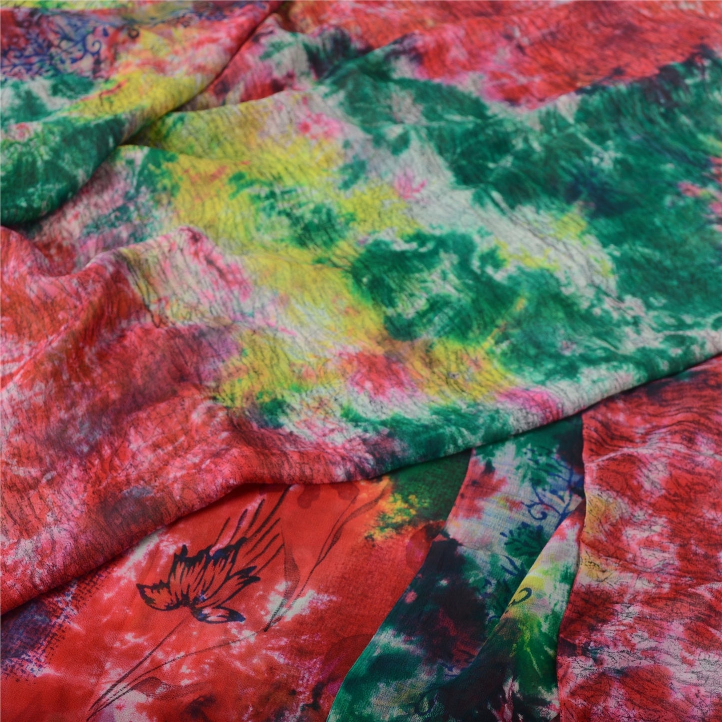 Sanskriti Vintage Sarees Multi Tie-Dye Pure Georgette Silk Sari 5yd Craft Sustainable Fabric