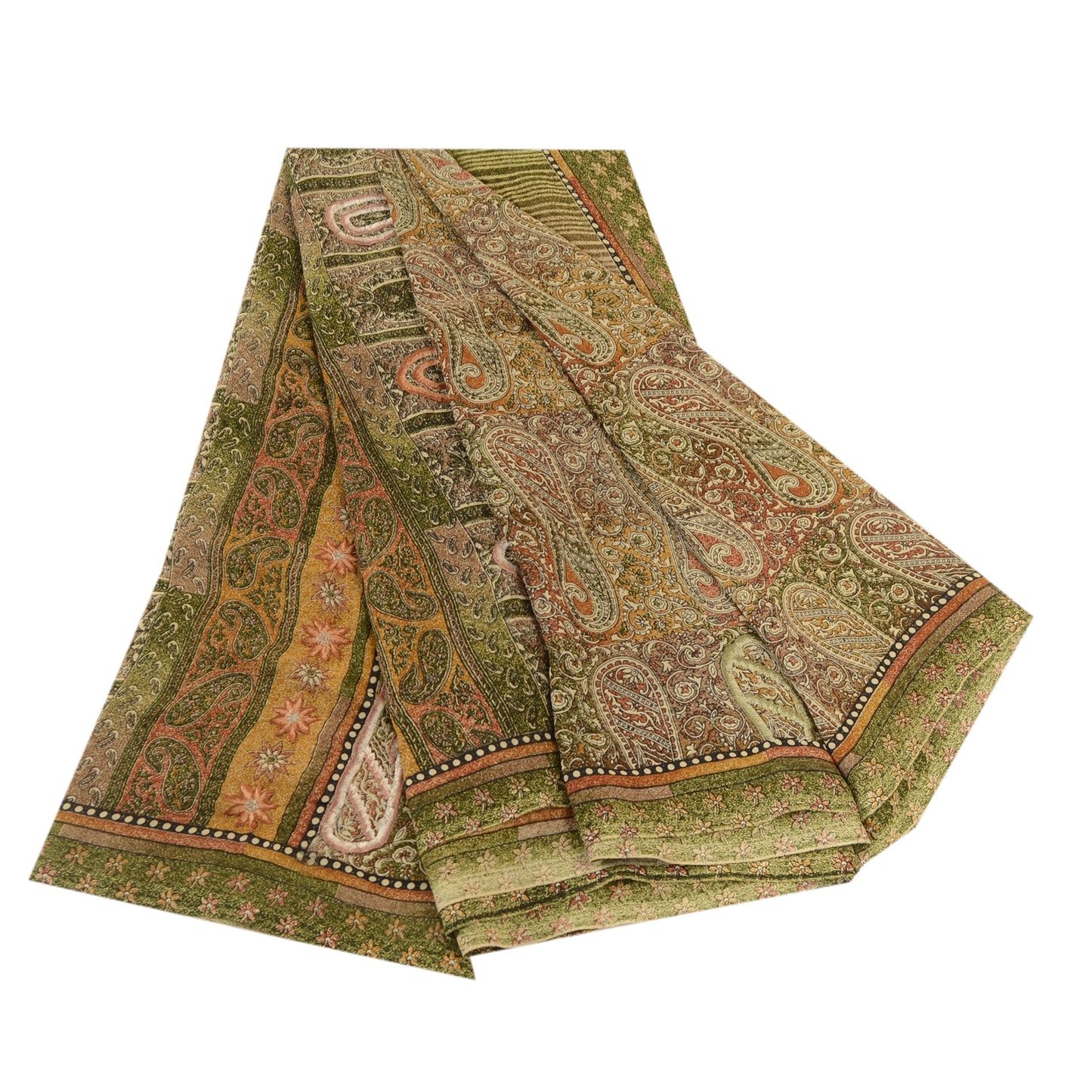 Sanskriti Vintage Sari Georgette Printed Green Indian Sarees Craft 5 Yard Fabric For Crafting, Upcycling, or Even Wearing
