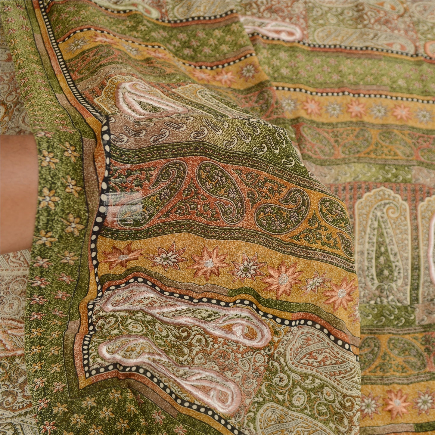 Sanskriti Vintage Sari Georgette Printed Green Indian Sarees Craft 5 Yard Fabric For Crafting, Upcycling, or Even Wearing