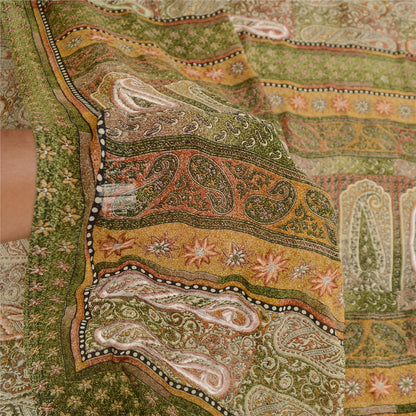 Sanskriti Vintage Sari Georgette Printed Green Indian Sarees Craft 5 Yard Fabric For Crafting, Upcycling, or Even Wearing