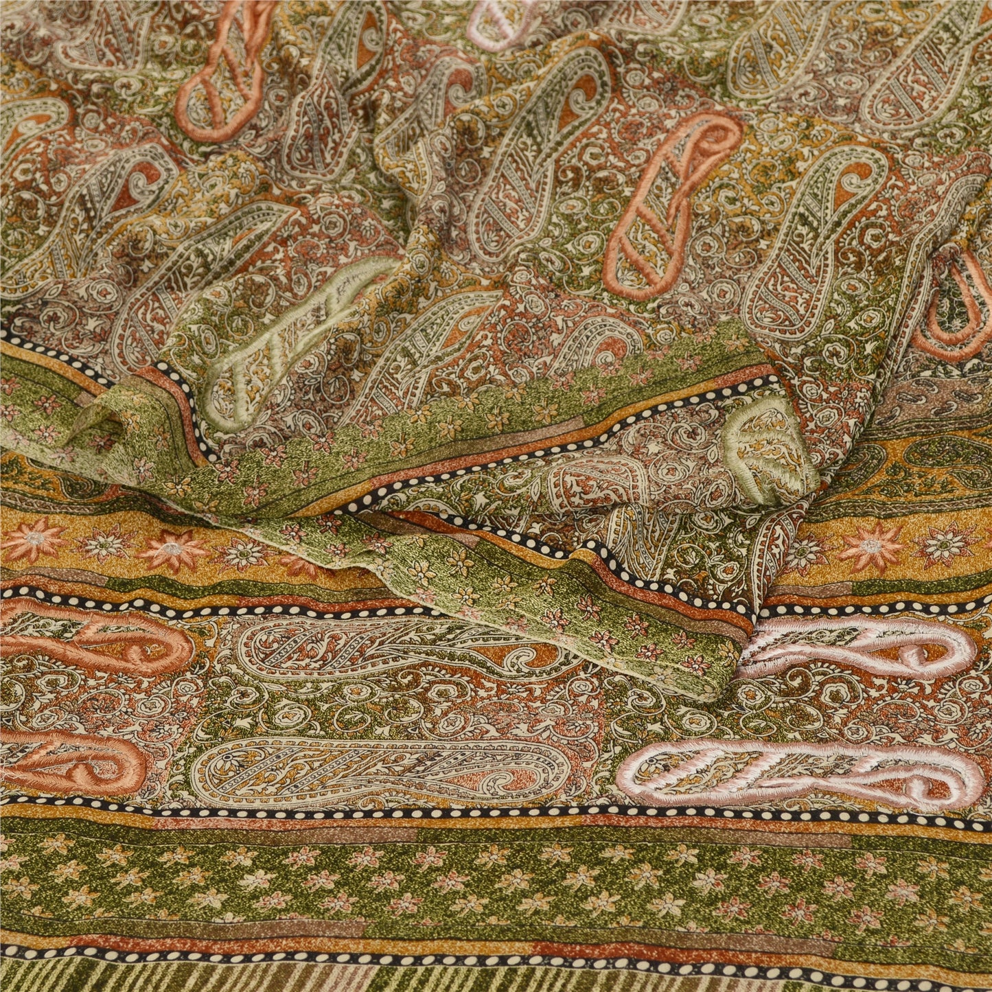 Sanskriti Vintage Sari Georgette Printed Green Indian Sarees Craft 5 Yard Fabric For Crafting, Upcycling, or Even Wearing