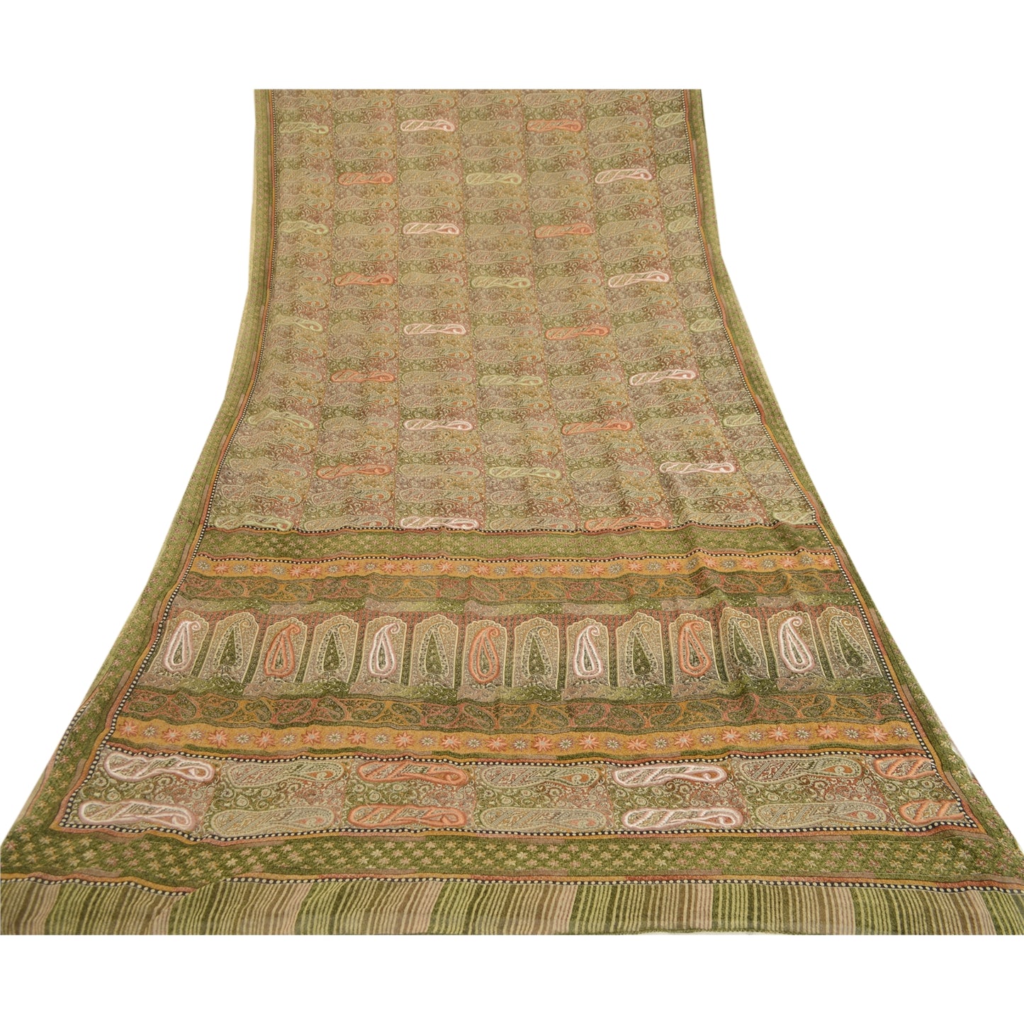 Sanskriti Vintage Sari Georgette Printed Green Indian Sarees Craft 5 Yard Fabric For Crafting, Upcycling, or Even Wearing