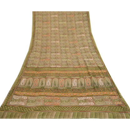 Sanskriti Vintage Sari Georgette Printed Green Indian Sarees Craft 5 Yard Fabric For Crafting, Upcycling, or Even Wearing