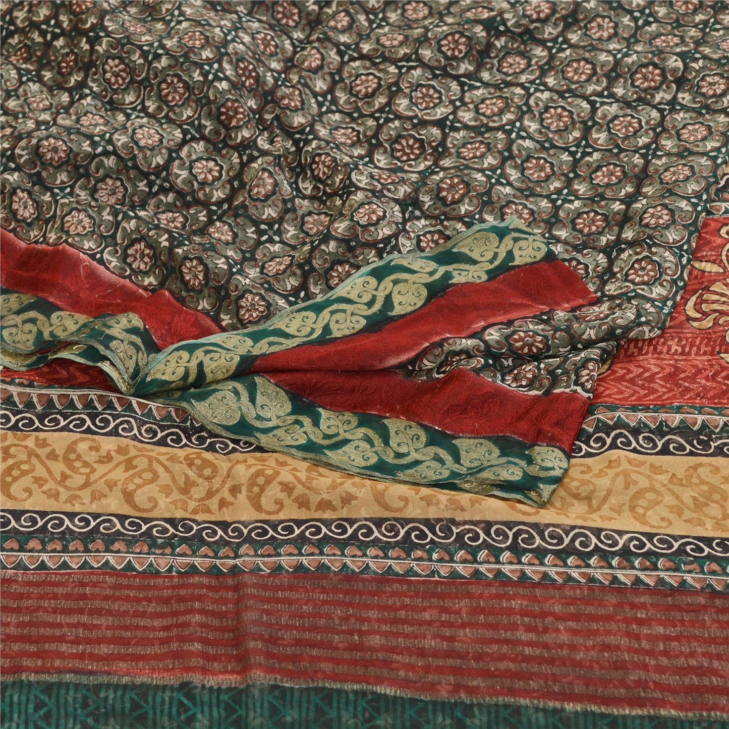 Sanskriti Vintage Green Sarees Pure Georgette Silk Printed Sari Craft Sustainable Fabric