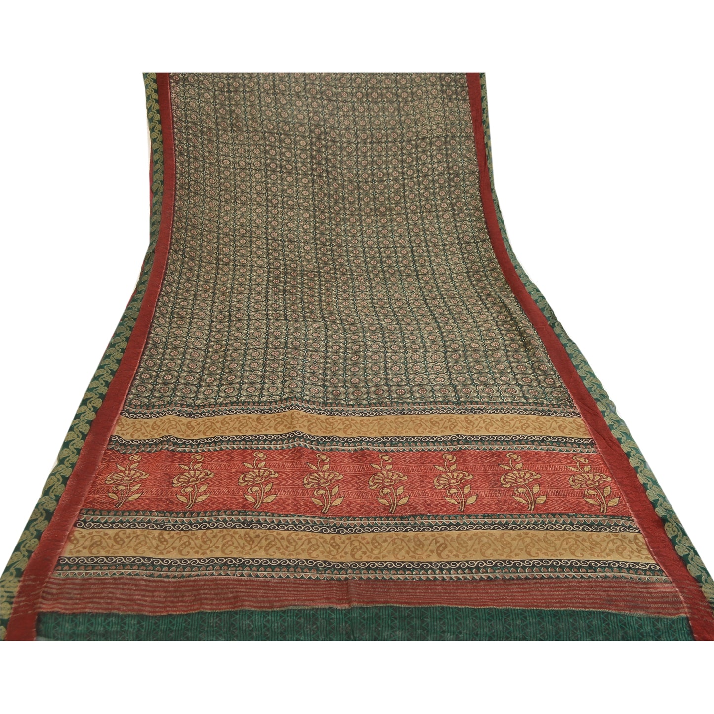 Sanskriti Vintage Green Sarees Pure Georgette Silk Printed Sari Craft Sustainable Fabric