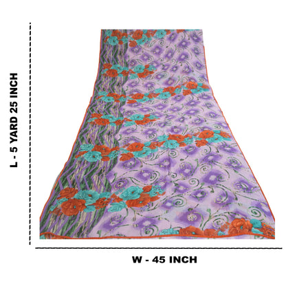 Sanskriti Vintage Sari Georgette Printed Soft Lilac Sarees 5 Yd Floral Craft Fabric Create-Floral Dresses, Kaftans, Skirts, Tops