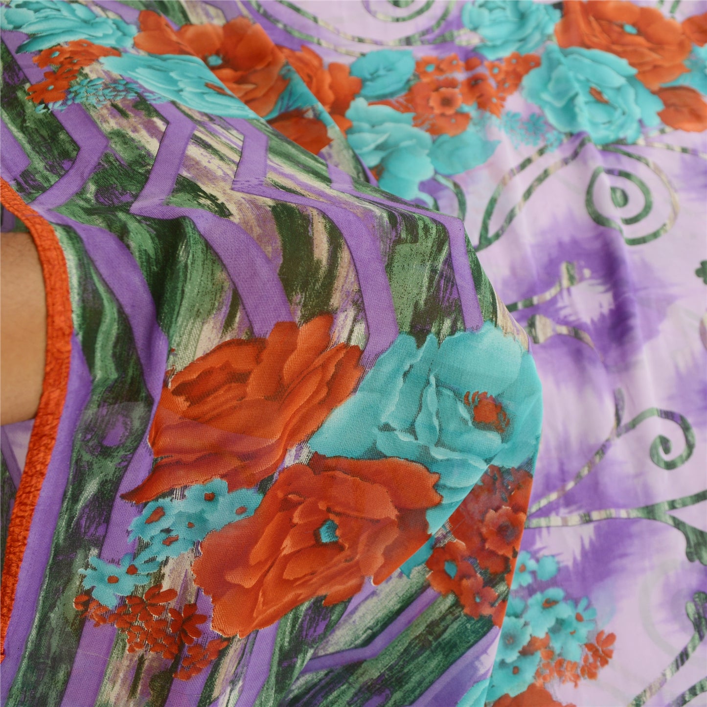 Sanskriti Vintage Sari Georgette Printed Soft Lilac Sarees 5 Yd Floral Craft Fabric Create-Floral Dresses, Kaftans, Skirts, Tops