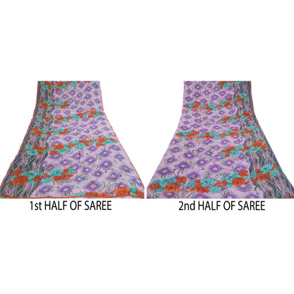 Sanskriti Vintage Sari Georgette Printed Soft Lilac Sarees 5 Yd Floral Craft Fabric Create-Floral Dresses, Kaftans, Skirts, Tops