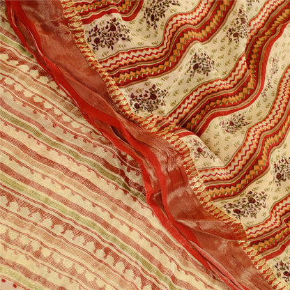 Sanskriti Vintage Sarees Cream Blend Georgette Zari Work Print Sari Craft Sustainable Fabric