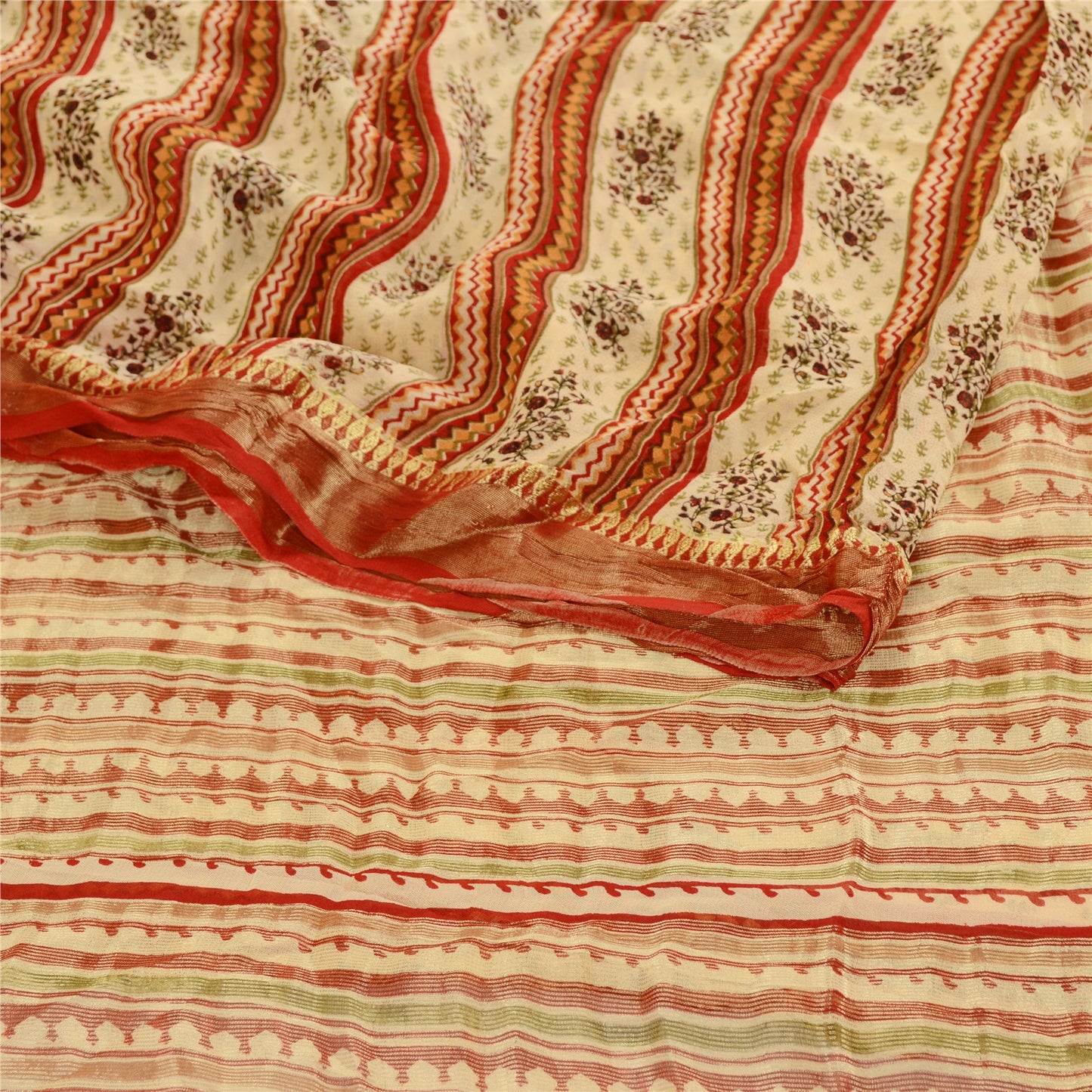 Sanskriti Vintage Sarees Cream Blend Georgette Zari Work Print Sari Craft Sustainable Fabric