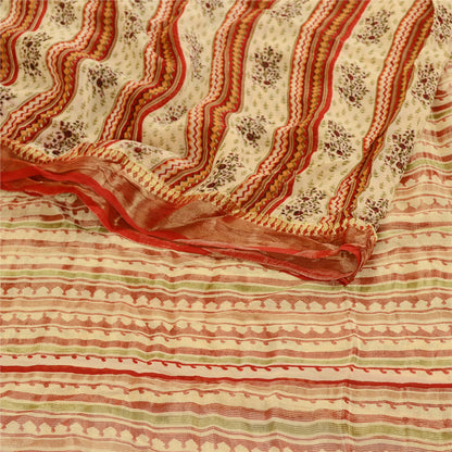 Sanskriti Vintage Sarees Cream Blend Georgette Zari Work Print Sari Craft Sustainable Fabric