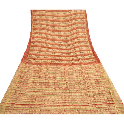 Sanskriti Vintage Sarees Cream Blend Georgette Zari Work Print Sari Craft Sustainable Fabric
