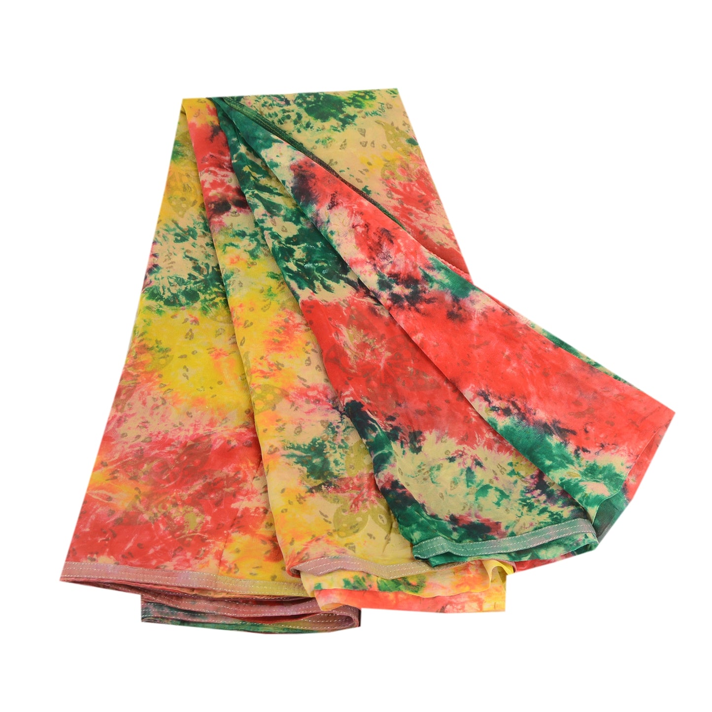 Sanskriti Vintage Sarier i multifarvet tie-dye-silke i ren georgette-silke, 5 m, håndlavet, bæredygtigt stof