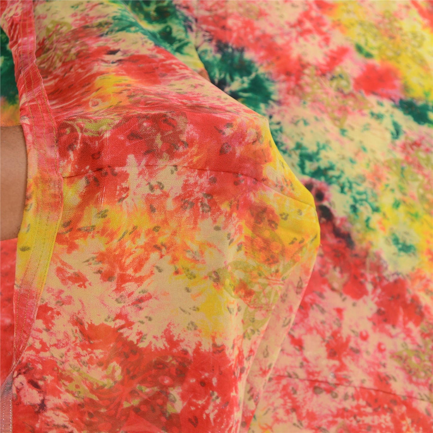 Sanskriti Vintage Sarier i multifarvet tie-dye-silke i ren georgette-silke, 5 m, håndlavet, bæredygtigt stof