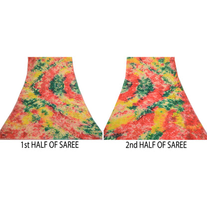 Sanskriti Vintage Sarier i multifarvet tie-dye-silke i ren georgette-silke, 5 m, håndlavet, bæredygtigt stof