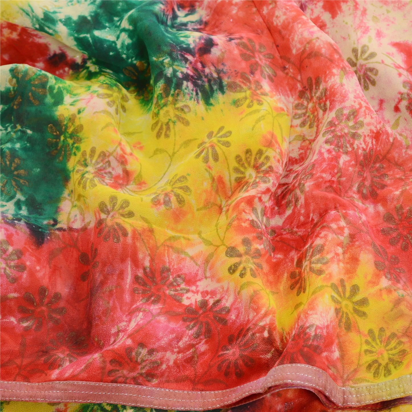 Sanskriti Vintage Sarier i multifarvet tie-dye-silke i ren georgette-silke, 5 m, håndlavet, bæredygtigt stof