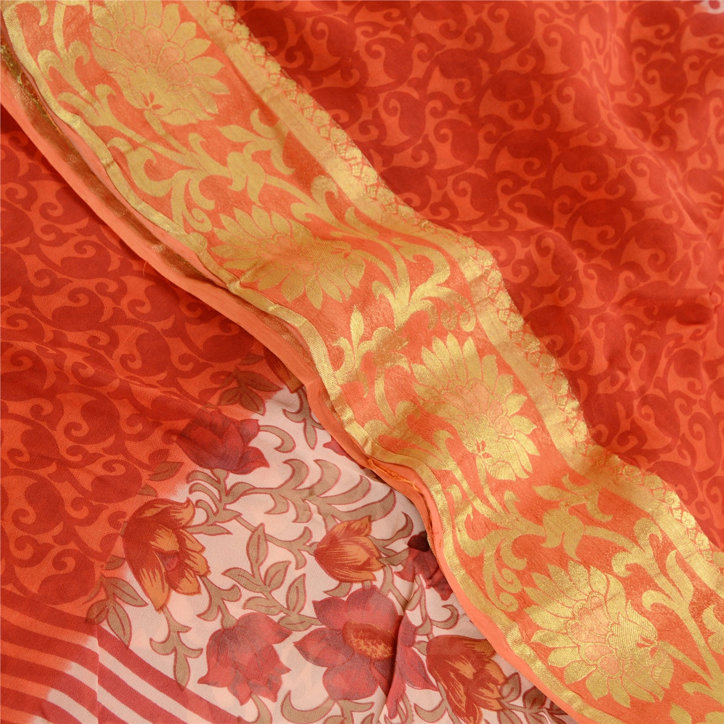 Sanskriti Vintage Sari Blend Georgette Red Printed Zari Border Sarees 5Yd Fabric For Crafting, Upcycling, or Even Wearing