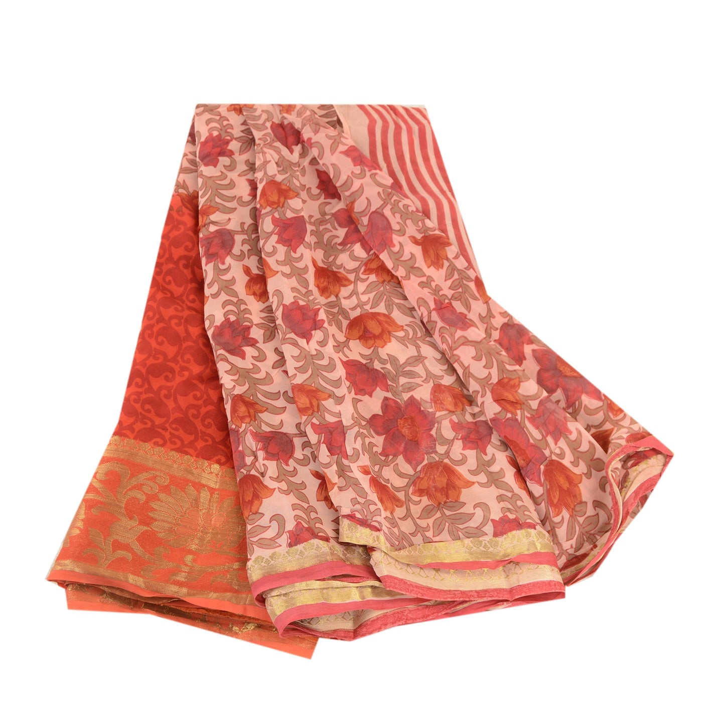 Sanskriti Vintage Sari Blend Georgette Red Printed Zari Border Sarees 5Yd Fabric For Crafting, Upcycling, or Even Wearing